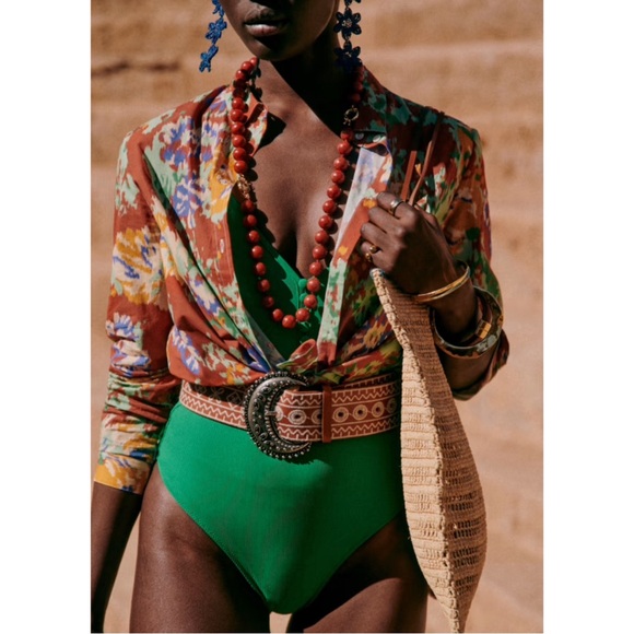 SEZANE NWT Rust Orange Green Abstract Floral Printed Button Down Pierro Shirt 38 - Picture 3 of 11